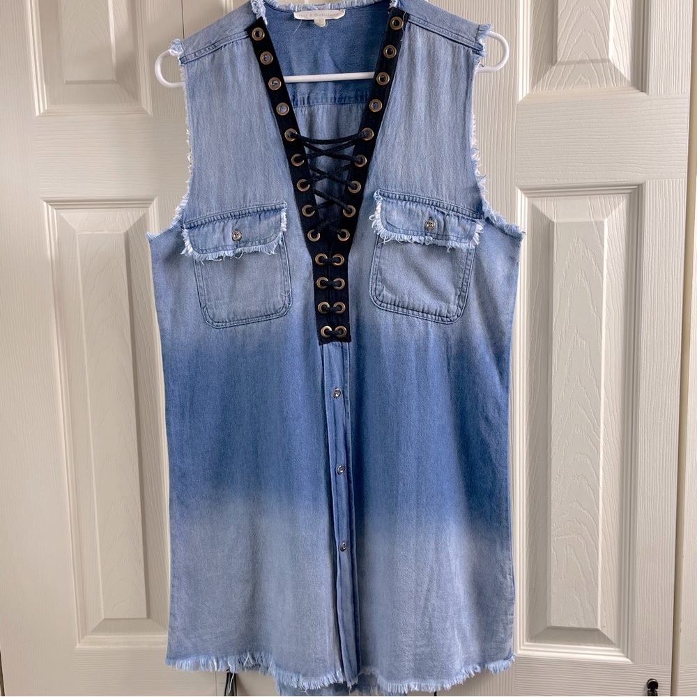 Hot & Delicious Watercolor Denim Lace Up Raw Hem Sleeveless Dress Women’s Size S